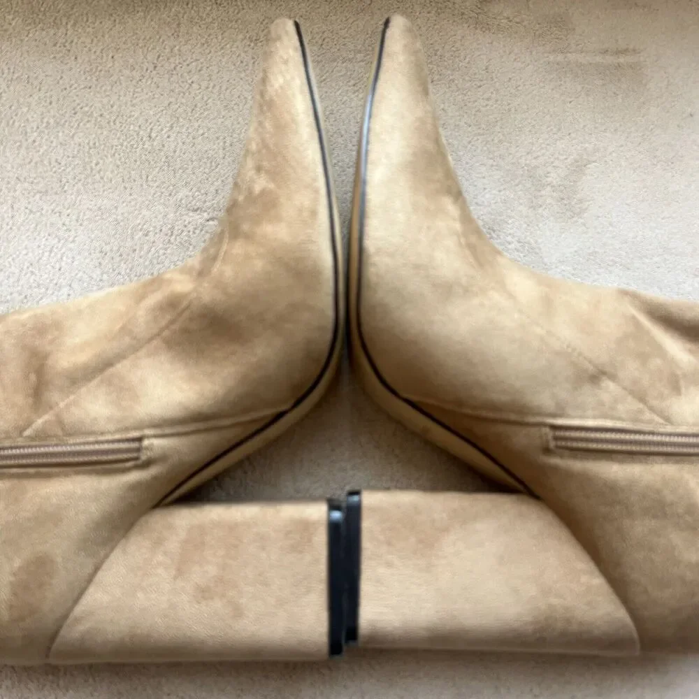 Marc Fisher LTD Larry Sock Ankle Boot Women 9 M Tan Faux Suede Pointed Toe Block